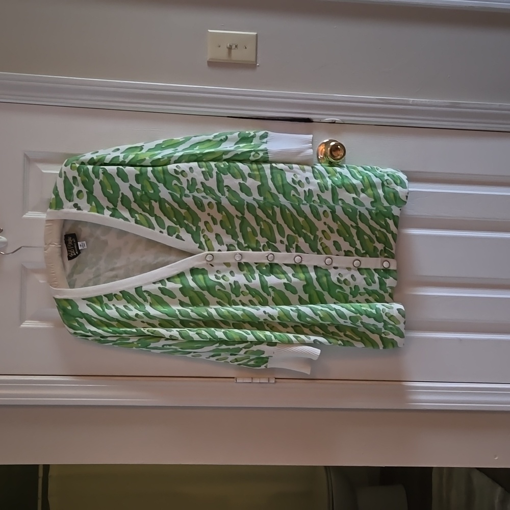 Bob Mackie cardigan with bright spring green pattern on cream background, 3X